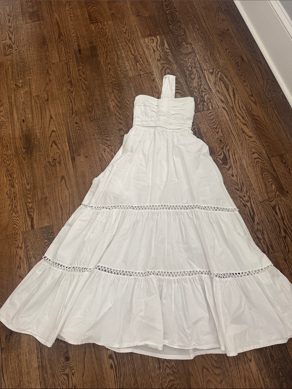 White One-Shoulder Maxi Dress with Crochet Trim